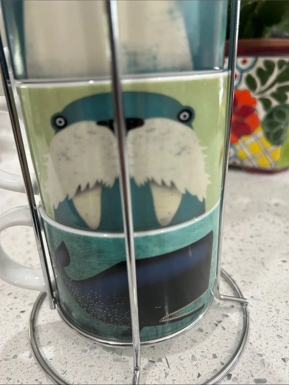 Pier 1 Set of Four Stacking Mugs and Rack - Whale Walrus Polar Bear and Fox